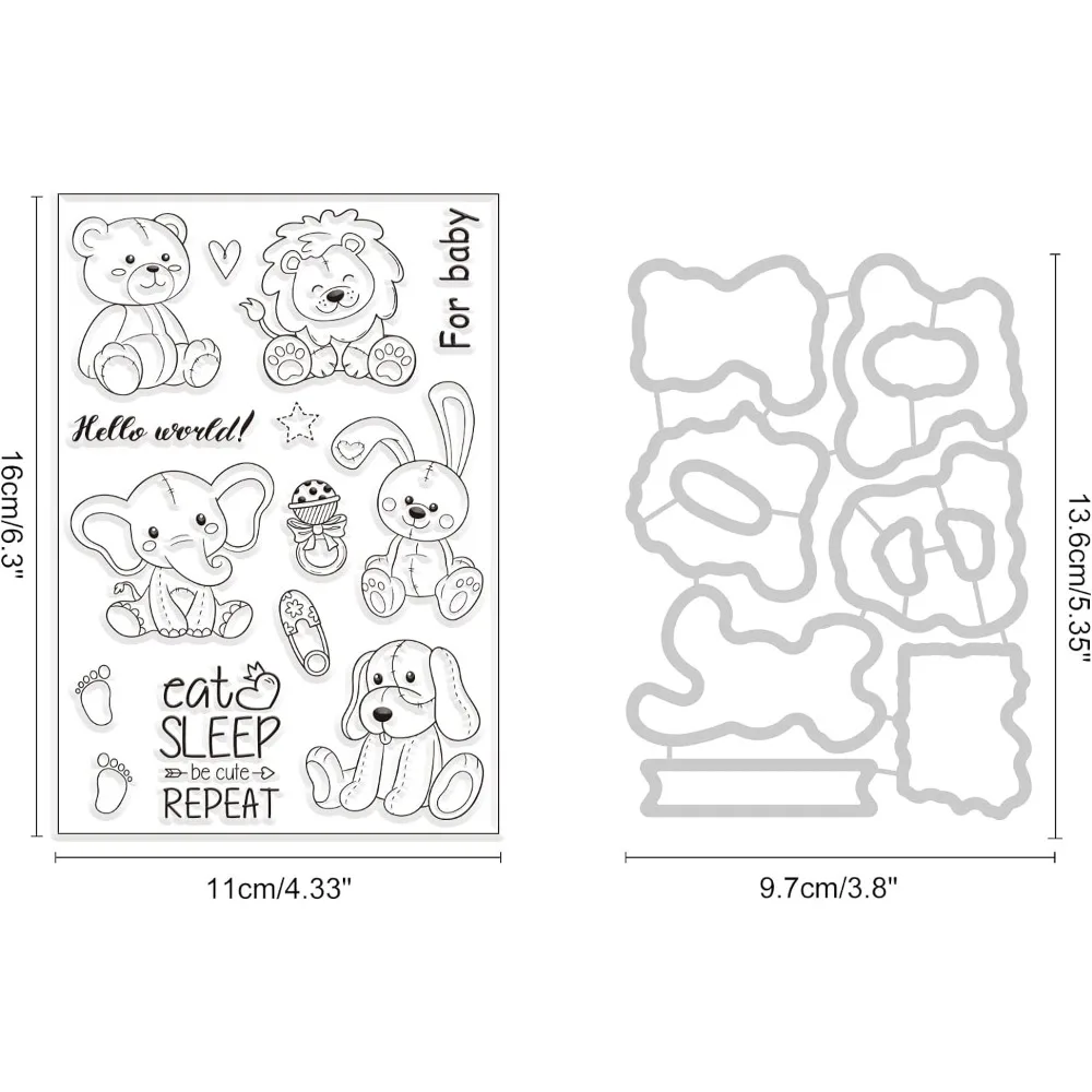 1Set People Doll Cut Dies and Clear Stamp Set Bunny Dog Elephant Bear Embossing Template and Silicone Stamp for Card Scrapbook