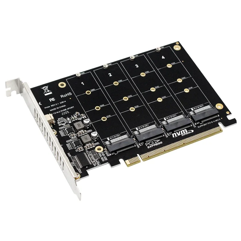 NEUER NVME-Erweiterungskartenadapter 4x 64 Gbit/s M.2 NVME SSD M Key PCI-E Split Card Riser PCI Express 4.0 X16 auf 4 Port NVME Raid-Karte