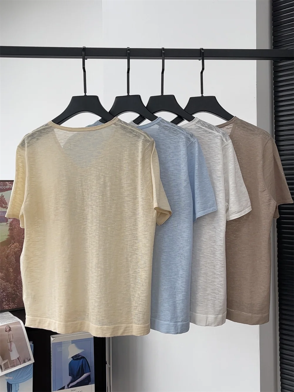 Women's Sequined V-Neck Pocket Cotton Linen Blend Loose Top Thin Short-Sleeved Knitted T-Shirt