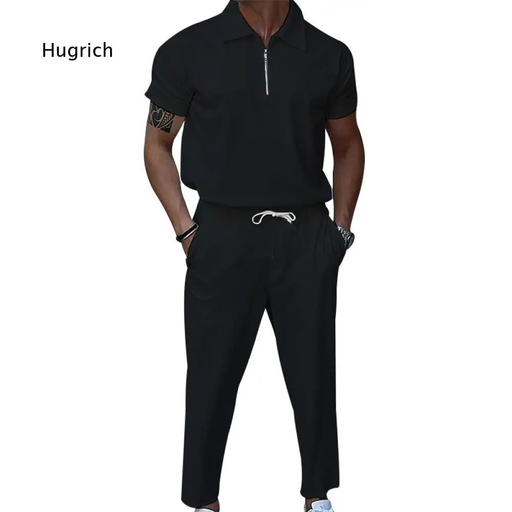 Collared Half Zip Short Sleeve Shirt And Drawstring Waist Pants Two Piece Set For Men Suitable For Travel Home And Daily Outfits