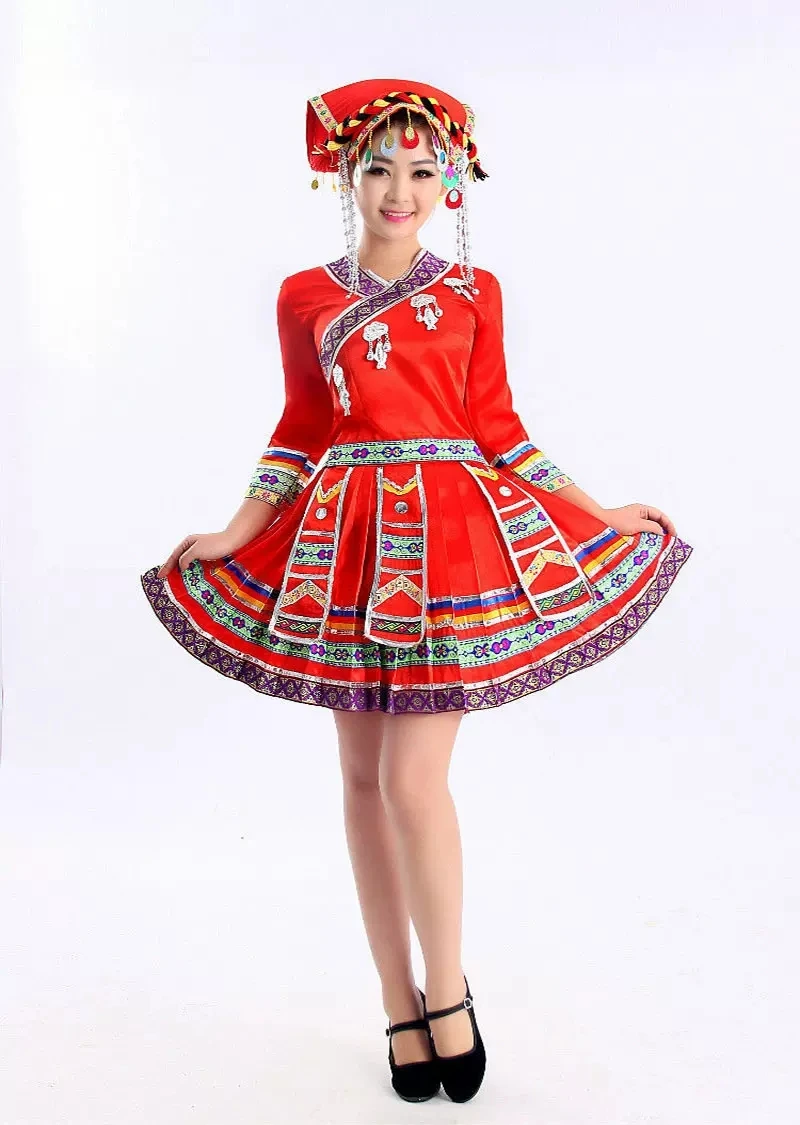 Roupas hmong para senhoras com chapéu, traje vermelho, roupas de manga comprida, desgaste do desempenho, chinês