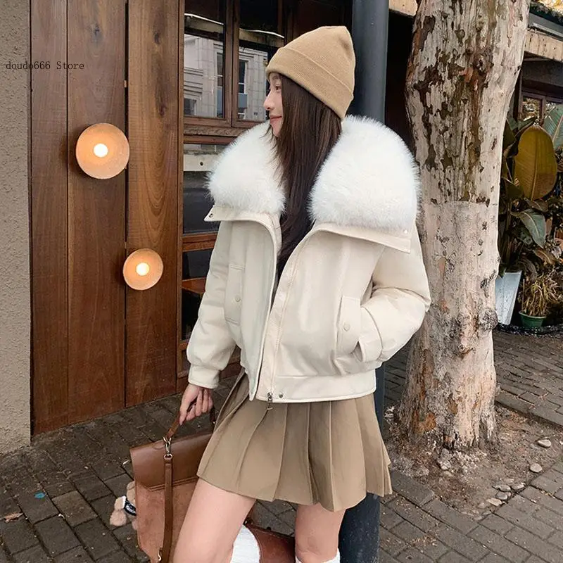Autumn Winter Thicken Warm Parkas Fox Fur Collar Quilted Jacket Women Korean Zipper Waterproof Short Faux Leather Coat