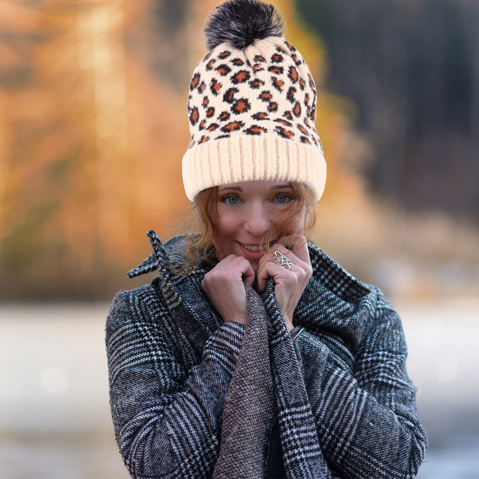 

Leopard Print Knitted Hat Pom Warm Winter Beanie Soft Stretchy Lightweight Women'S Fashionable Ear Cover Knitted Beanies For
