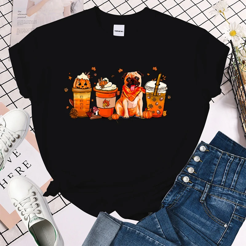 (Premium T-shirt)Fashion Fall Pumpkin Coffee Pug Print T-Shrits For Women Summer Short Sleeve Round Neck Cute Loose T-Shirt tops