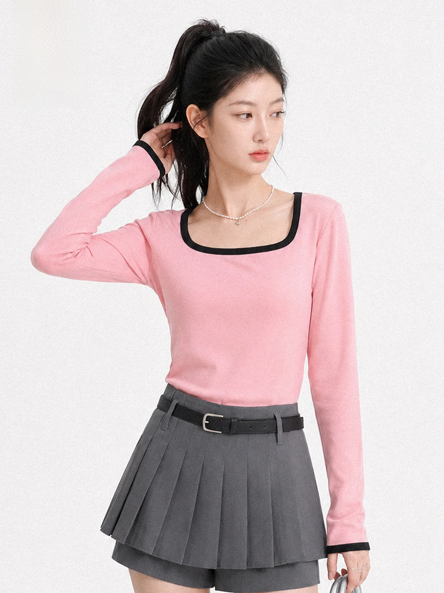 Autumn Long Sleeve Square Collar Splice Color T-Shirt Women Outer Wear Slim Fit Inner Match Versatile Personality Top Women
