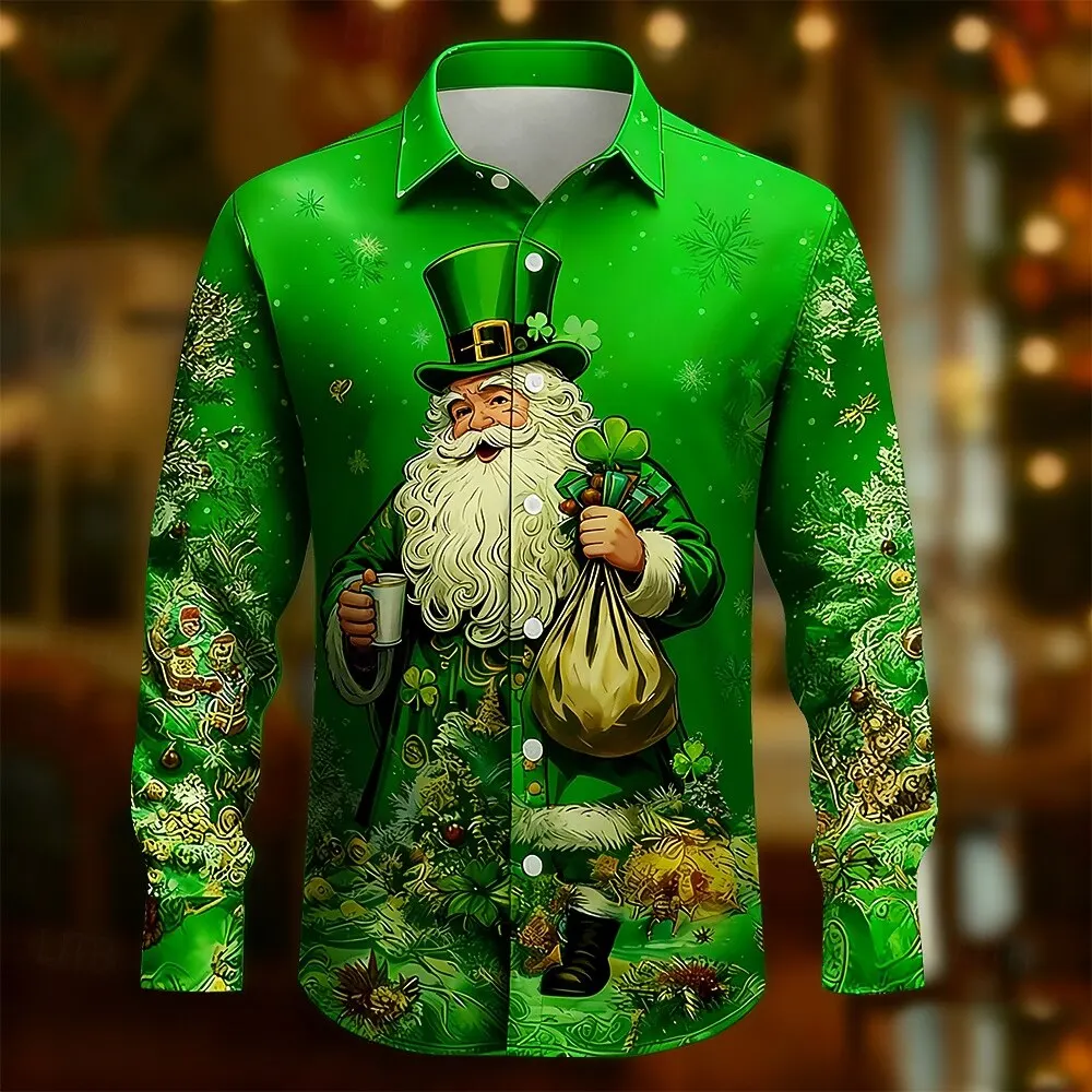 

St. Patrick's Day Men's Four Leaf Clover Gold Coin Saint Patrick Shirt Button Up Shirt Long Sleeve Vintage Retro Shirts for Men