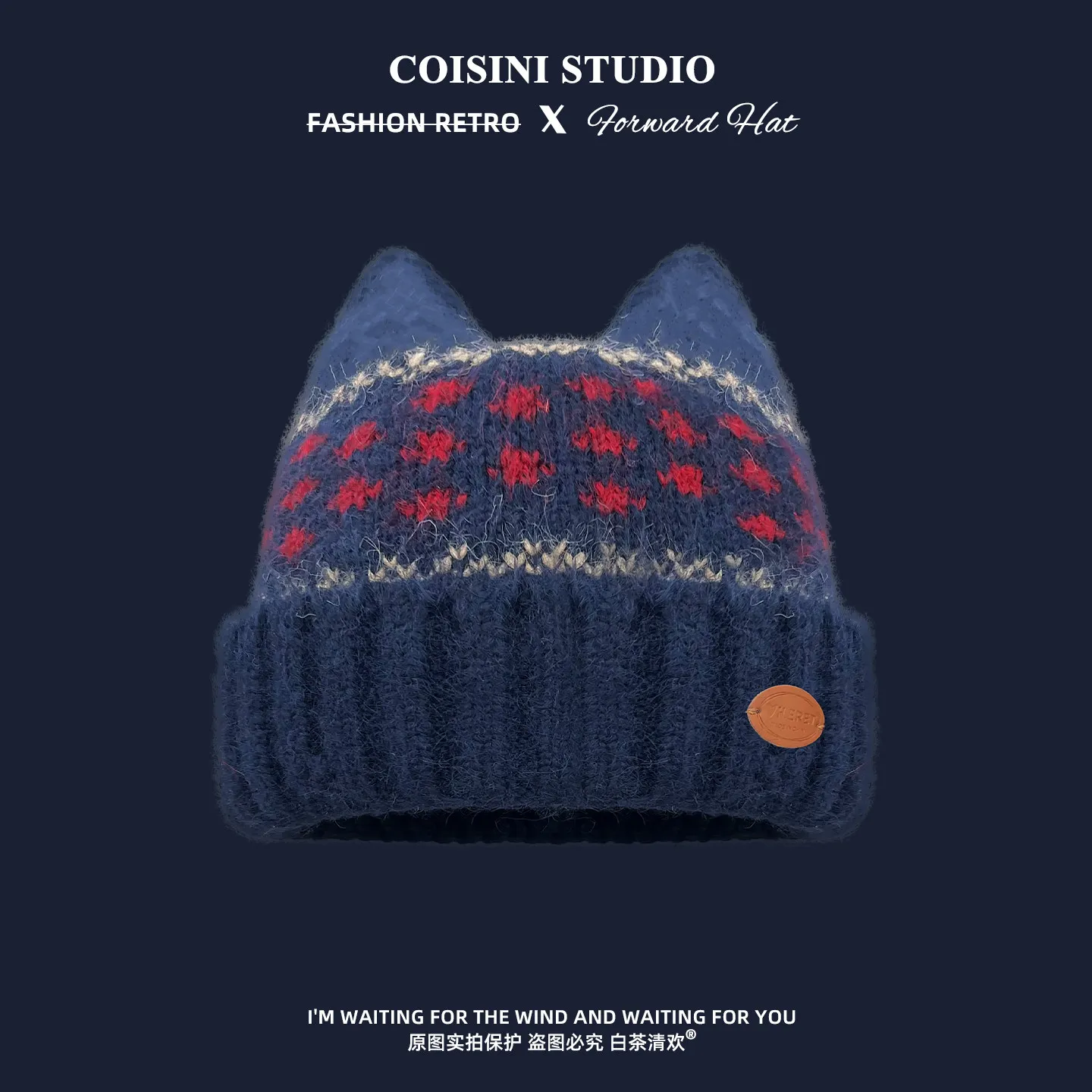 Japanische Retro-Fair-Isle-Jacquard-Mütze mit Katzenohren, gestrickt, für Herbst und Winter, warm, verdickt, mit Ohrenschutz, Skull-Beanie-Mützen für Damen – Detail 5