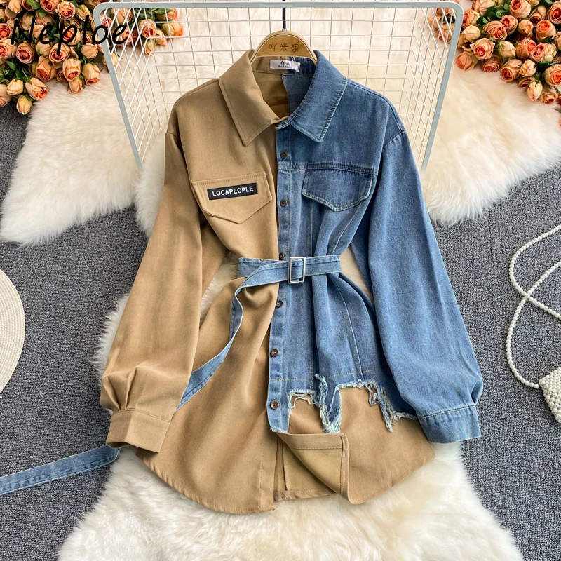 Neploe Unique Denim Patchwork Shirt Turn-down Collar Chic Mujer Blusas Long Sleeve Tops Female Irregular Women Blouses with Belt