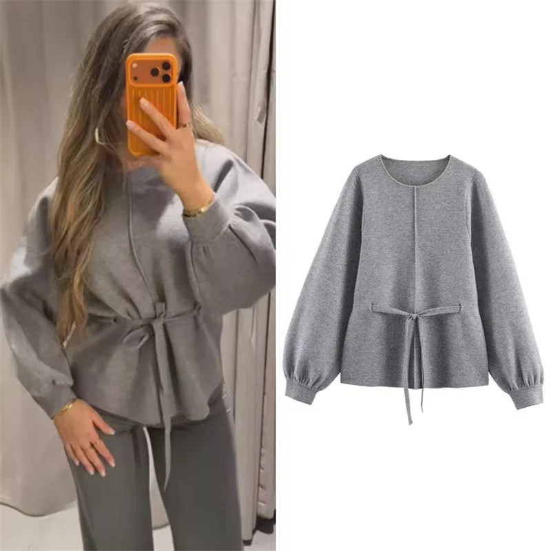

Women's Top 2026 Spring New Style Gray Long Sleeve Waist-Tie Decorative Simple Knit Pullover Top Elegant and Fashionable