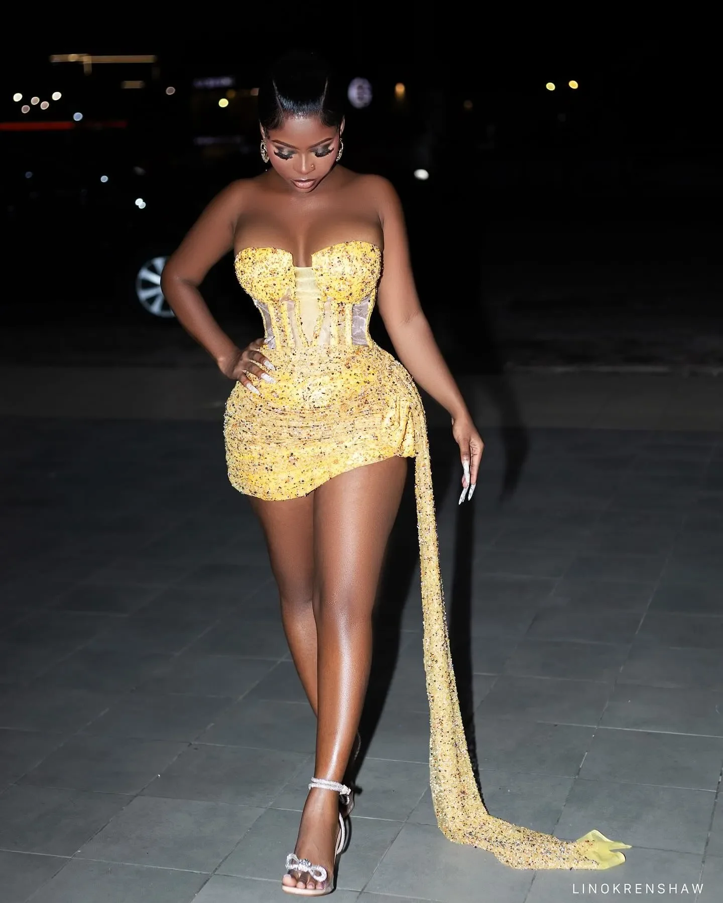

Sexy Exquisite Yellow Short Prom Party Dress 2026 Strapless Beads Sequins Graduation Cocktail Birthday Holiday Club Gowns