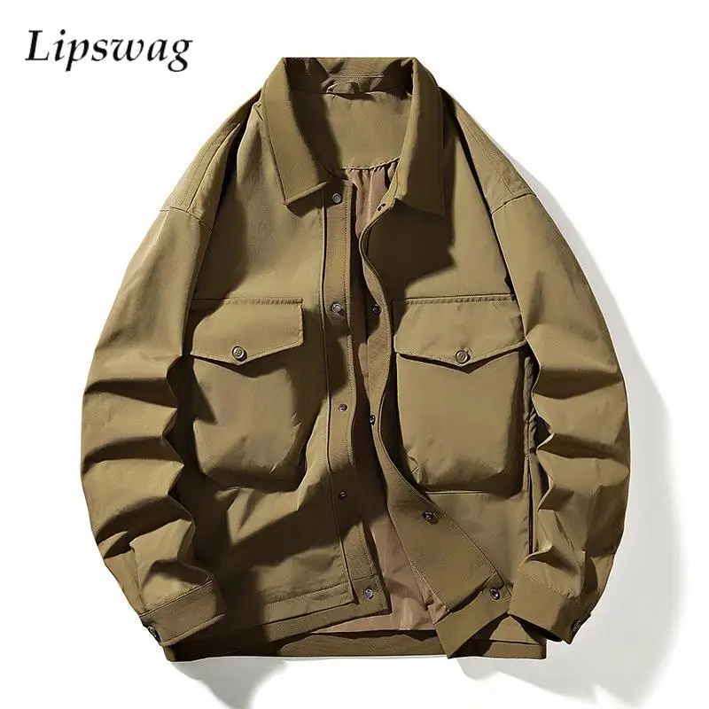 Daily Casual Solid Color Mens Cargo Jacket Vintage Multi Pockets Turn-down Collar Jackets Men Streetwear Fashion Buttoned Coats