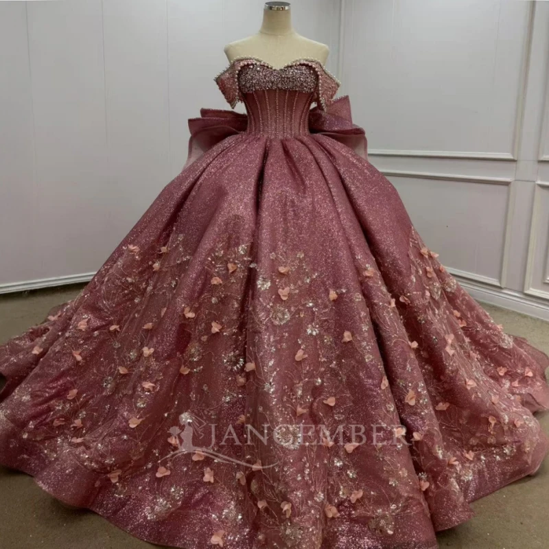 

Розовое блестящее платье принцессы с открытыми плечами Sweet 16, платья Quinceanera, аппликация, цветок, бисер, хрустальный бант, тюль, вечеринка, день рождения