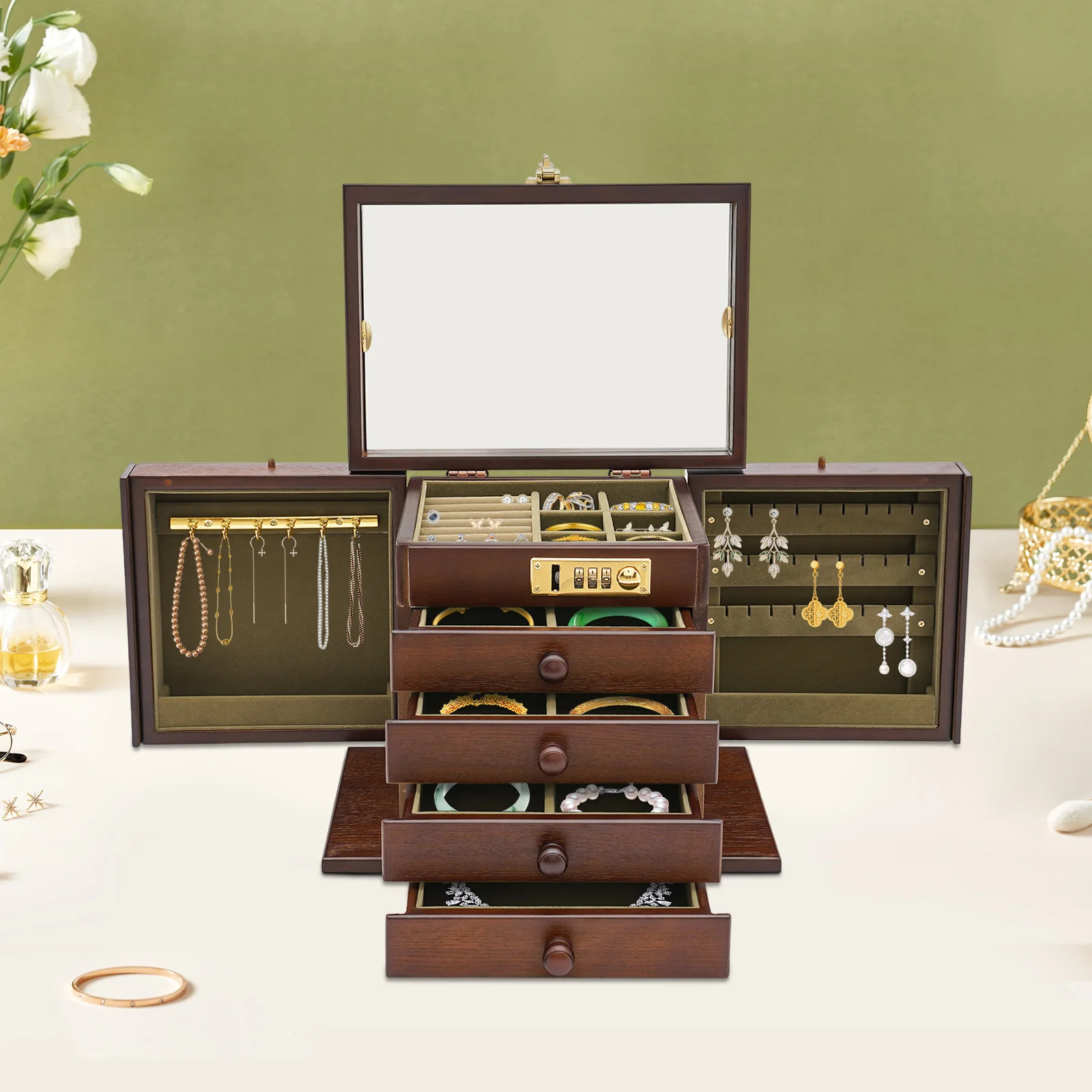 

Jewellery Box, 5 Levels + 2 Fold-Out Cabinets, Mirror Jewellery Box with Combination Lock, Retro Wooden Jewellery Box Brown