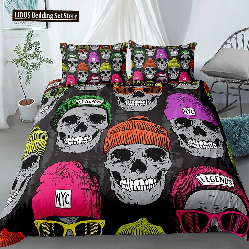 

Skull Duvet Cover Set Colourful Hats Horror Gothic Theme Bone Skeleton Pattern Polyester Comforter Cover King Size For Boy Teen