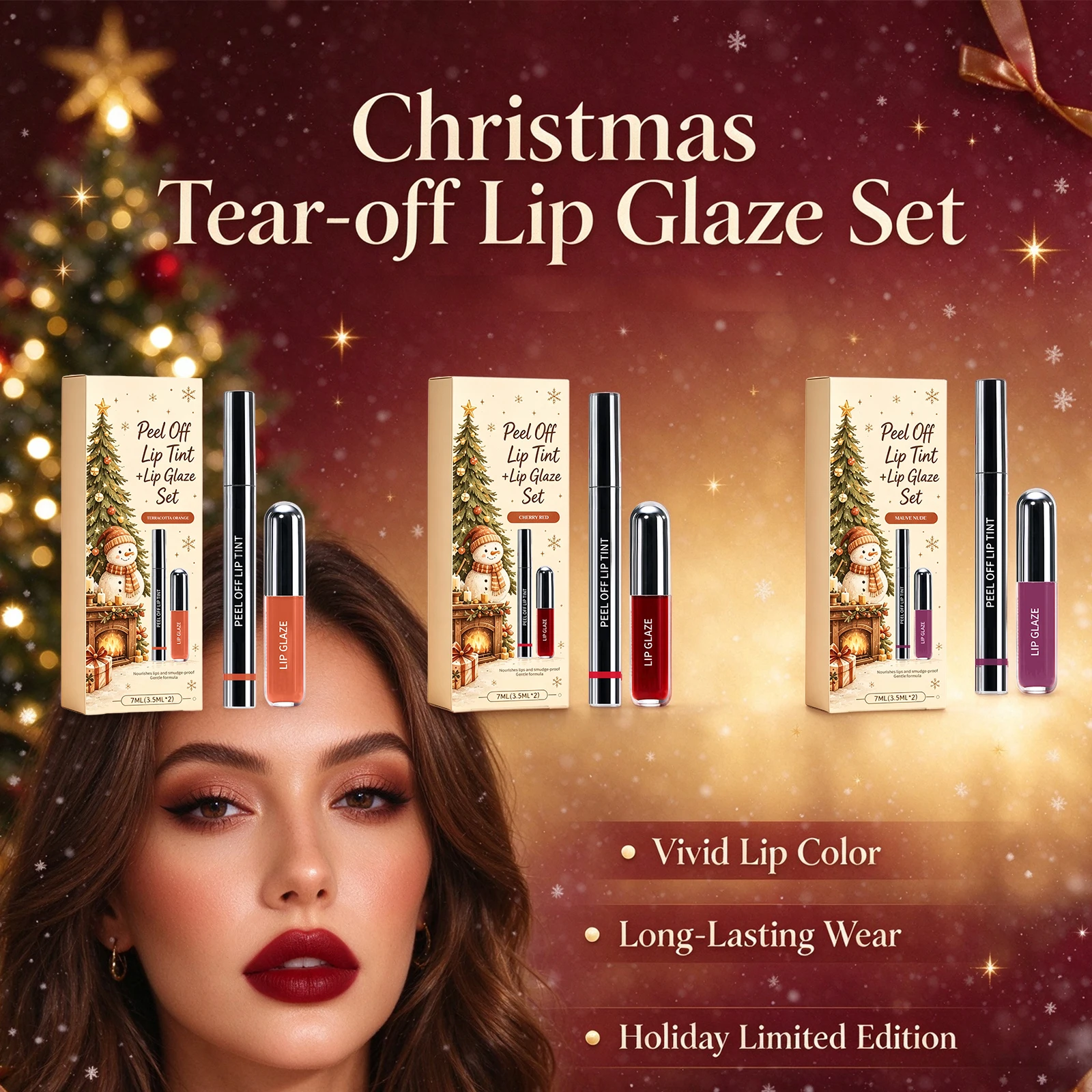 Christmas Peel off Lip Tint and Lip Glaze Set Fuller Lips Smudge-Proof Long Lasting Nourishing Moisturizing Christmas Makeup