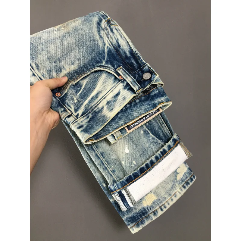 

Retro heavyweight loose jeans for men, autumn new trend, ripped hole patch, old American style non elastic straight leg pants