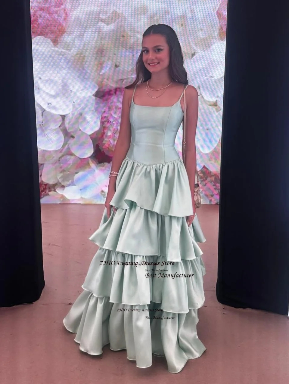 ZHIO Modern Green Satin Evening Gown Pleats A Line Tiered Long Party Dress Square Collar Spaghetti Straps Prom Gown Customized