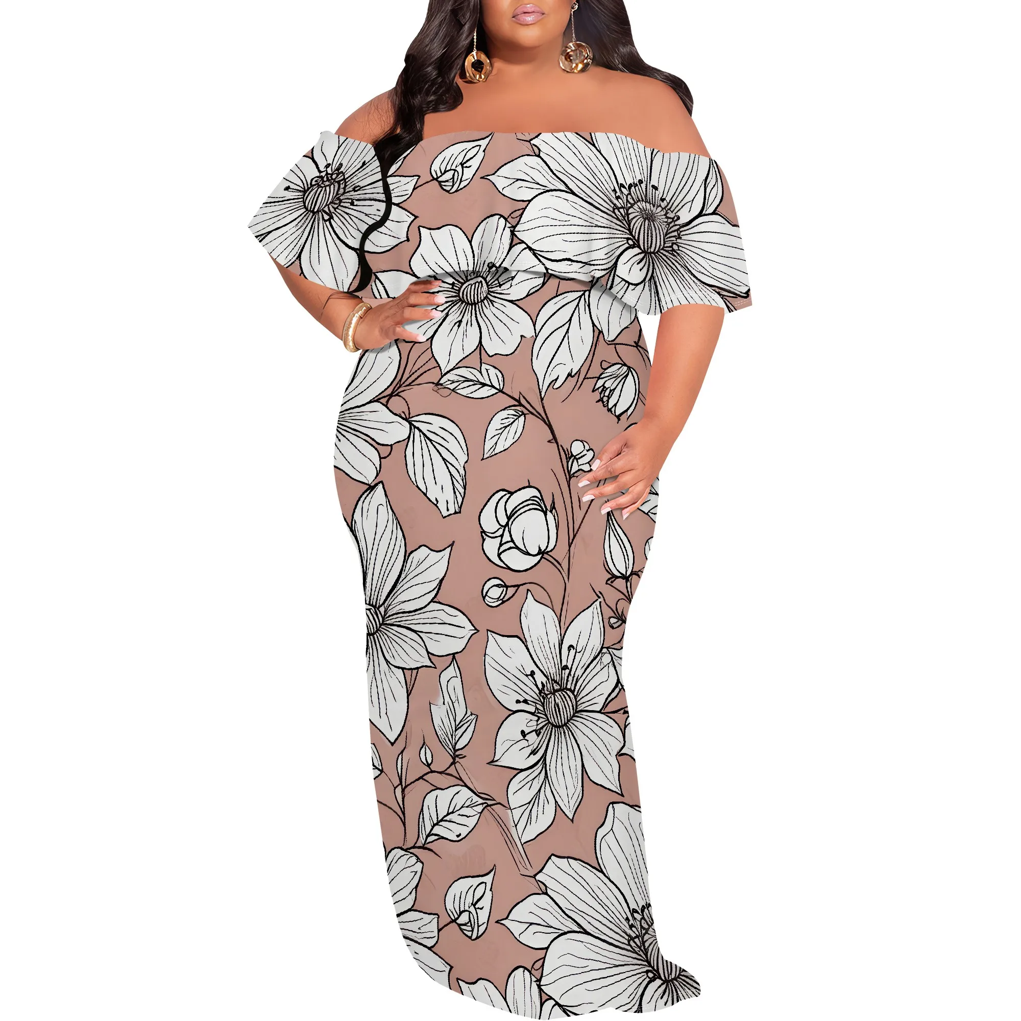 

Plus Size Dresses for Curvy Women Strapless Off Shoulder Ruffle Backless African Print Long Club Party Cocktail Maxi Dresses