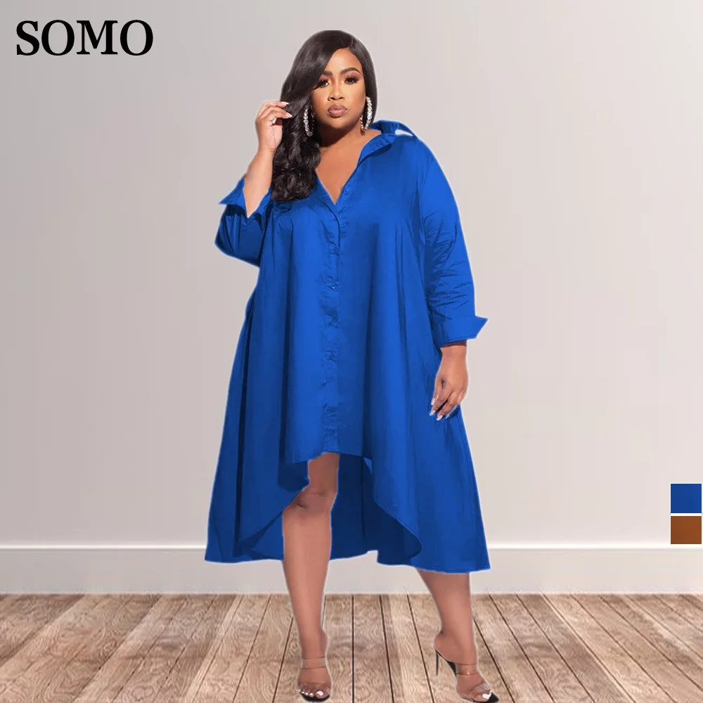 

2022 Women's Long Sleeves Midi Dress Single-breasted Ladies Elegant Plus Size Irregular Shirt Dresses Wholesale Dropshipping