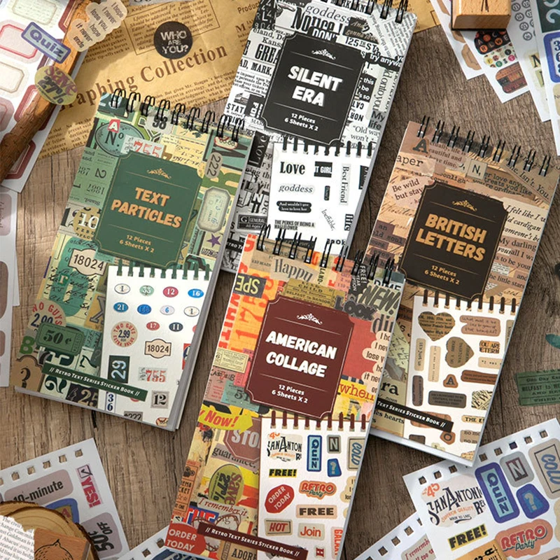 4Style 12Pcs/bag Retro Text Collage Series Sticker Book Creative Handbook DIY Material Decorative Stickers