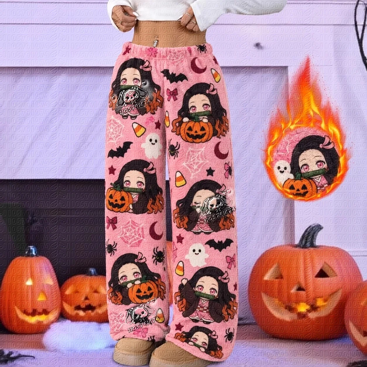 Autumn Winter Universal Holiday Demon Slayer  Q Version Fuzzy Pajama Pants Casual Loose Home Trousers Unisex FamilyMatching