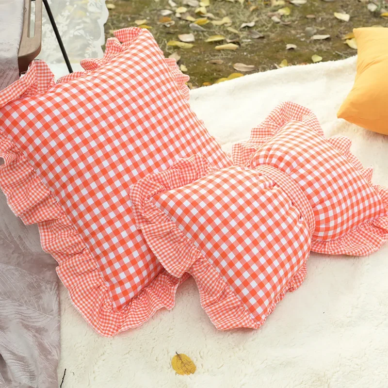 

French Ruffle Plaid Print Pillow Cover Romantic Cushion Case Elegant Home Decor Patchwork Pillowcase for Sofa Bedroom Decor