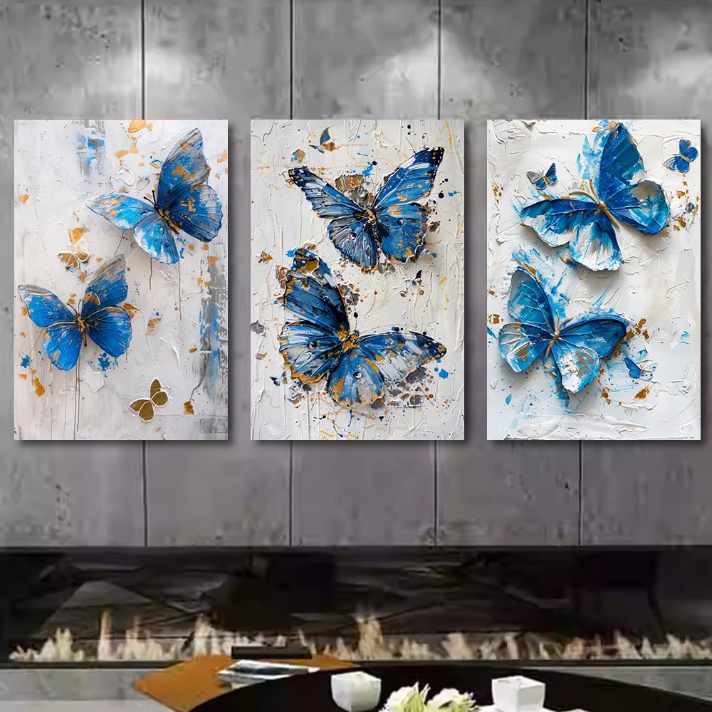 3pcs/set Blue Butterfly Canvas Art Set Unframed Modern Wall Decor Painting Poster for Living Room Bedroom Hallway Waterproof