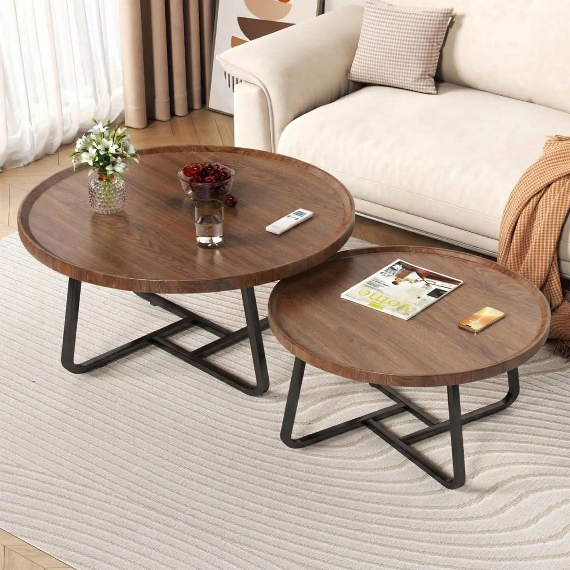 Round Nesting Coffee Tables with Wood Finish Tops 2-Pack , Modern Industrial Living Room Accent Tables, Side Tables for Home Decor