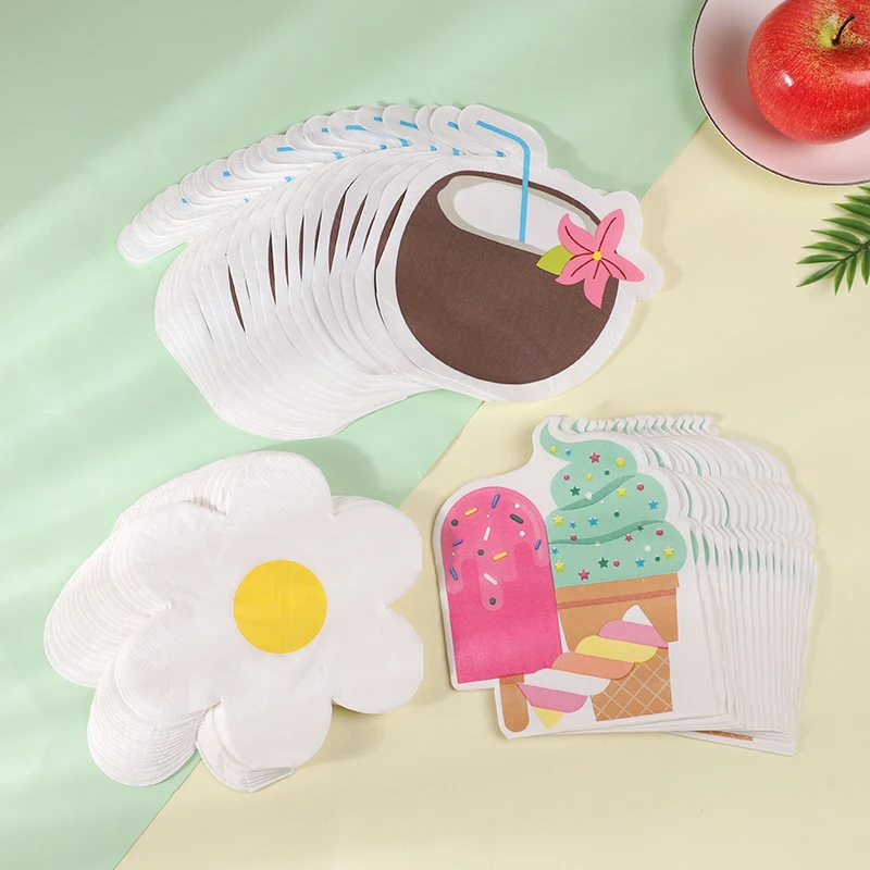 20pcs Hawaiian Theme Printed Napkins Coconut Ice Cream Flower Shaped Tissues Summer Tropical Beach Disposable Party Decorations