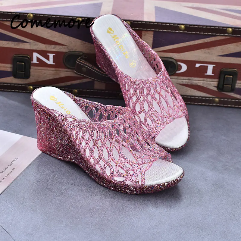 Comemore Bling Wedges 2023 Summer High Heel Shoes Woman Casual Jelly Shoe Slip on Female Fashion Slides Women Platform Slippers