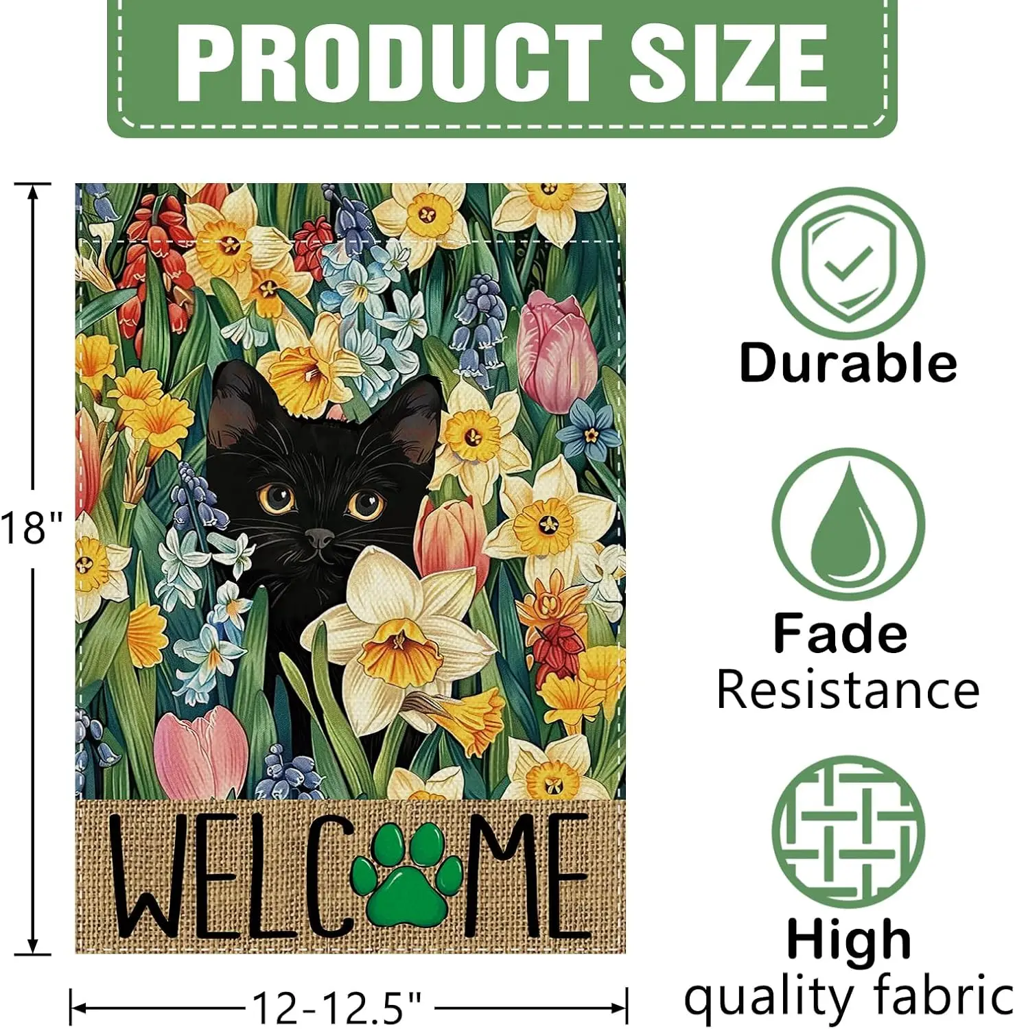 Dyrenson Welcome Spring Black Cat Floral Decorative Garden Flag, Daffodil Tulip Flower Yard Outside Home Decoration Pet Cat  IIC