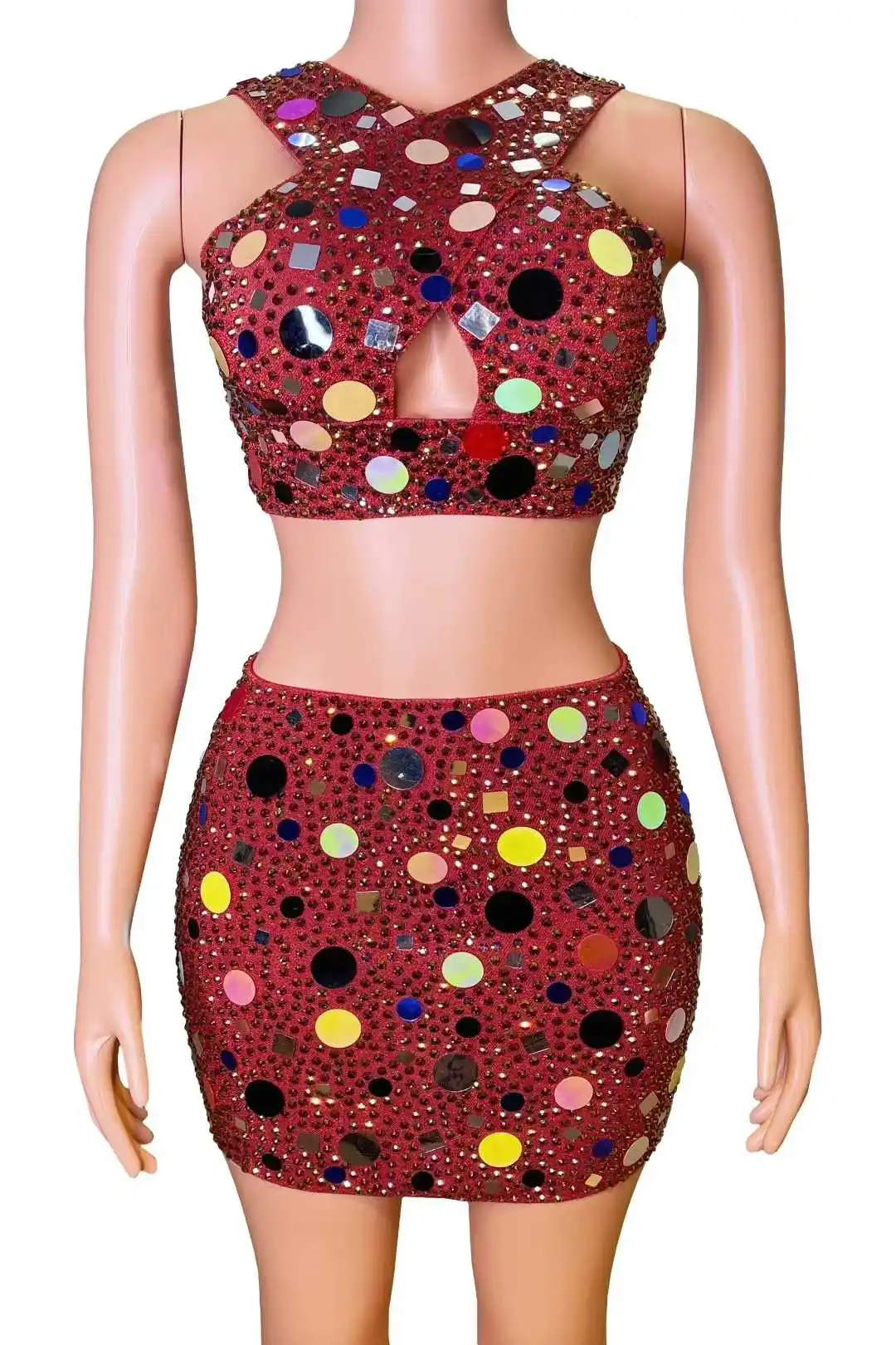 

2 Pcs Set Women Outfits Sequin Stretch Singer Dancer Costumes