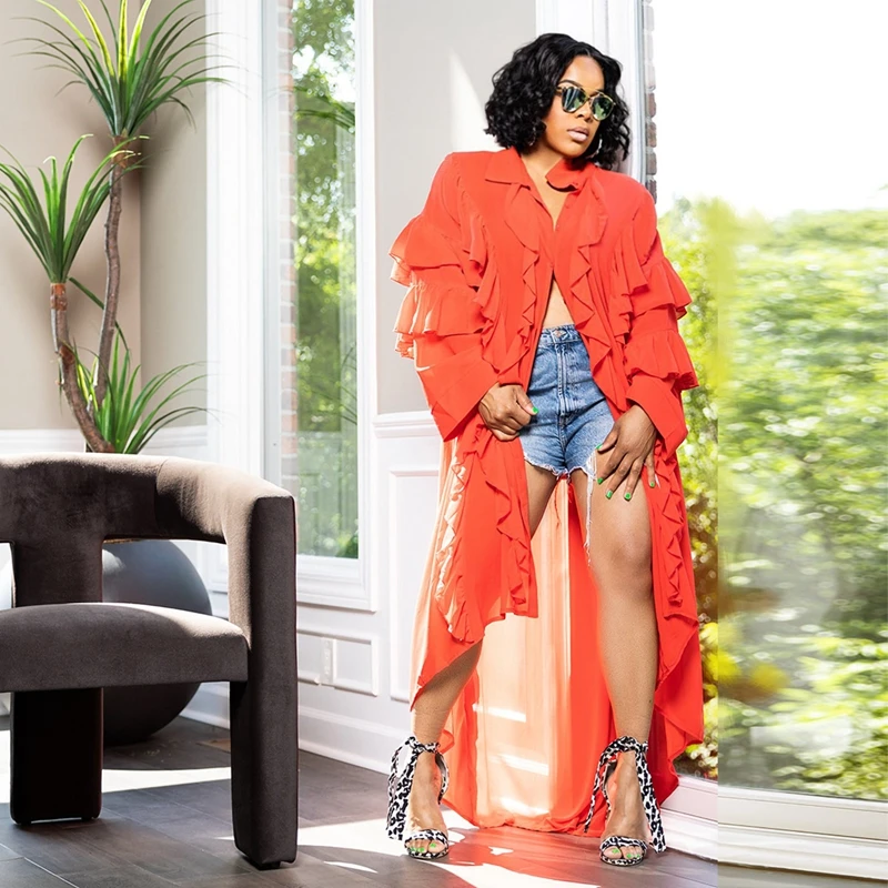 

Women Ruffle Shirt Dress Long Butterfly Sleeve Turn Down Collar Button Up Irregular Loose Maxi Dresses Holiday Beach Sundress