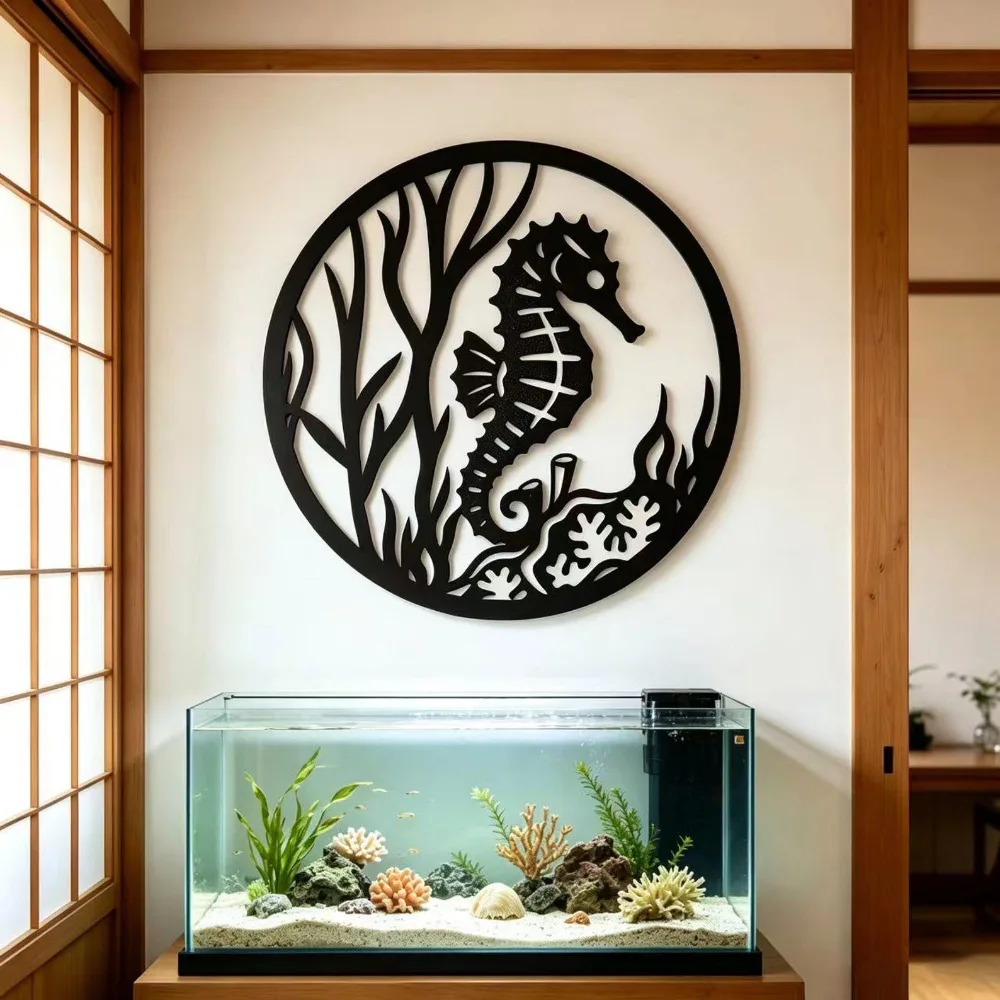 Seahorse Metal Wall Art, 2D Flat Laser Cut Coastal Underwater Silhouette Wall Sculpture, Nautical Boho Style