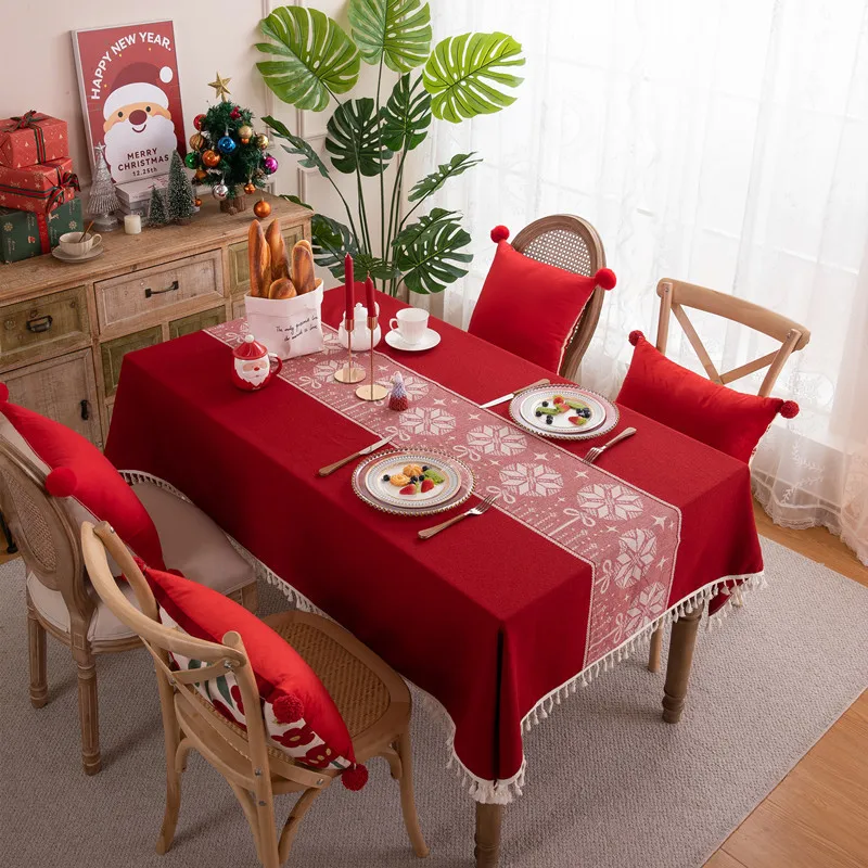 สีแดงคริสต์มาสผ้าปูโต๊ะตกแต่งตารางคริสต์มาสกวาง Jacquard Vintage พู่ผ้าปูโต๊ะกาแฟตารางผ้าครอบคลุม