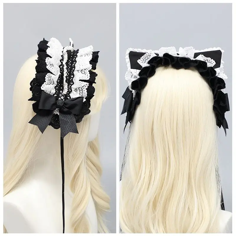 New Handmade Harajuku Lolita Lace Cat Servant Headband Y2K Girl Subculture Dark Cat Ear Headpiece KC Maid Cute Hair Accessory