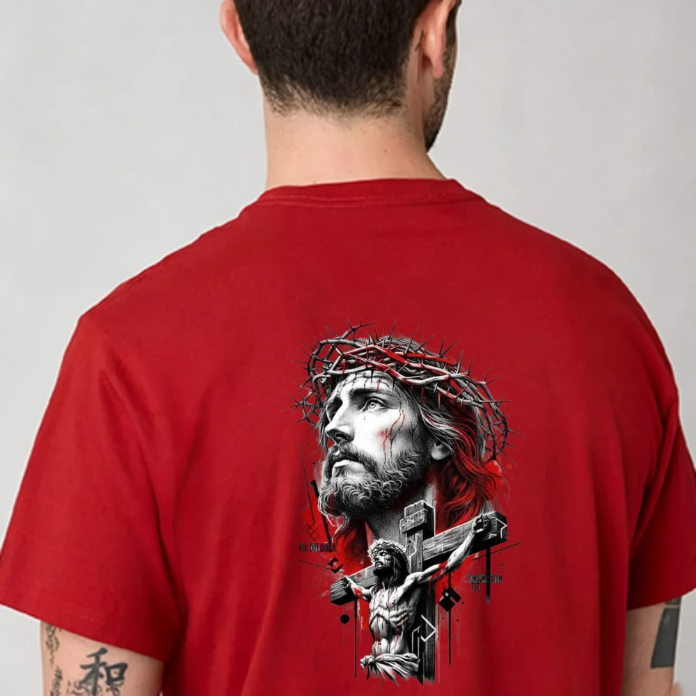 Grunge Blood Splash Jesus Thorn Crown Crucifix Cross Back Graphic T Shirt Cotton Gothic Religious Punk Daily Wear Unisex Tops