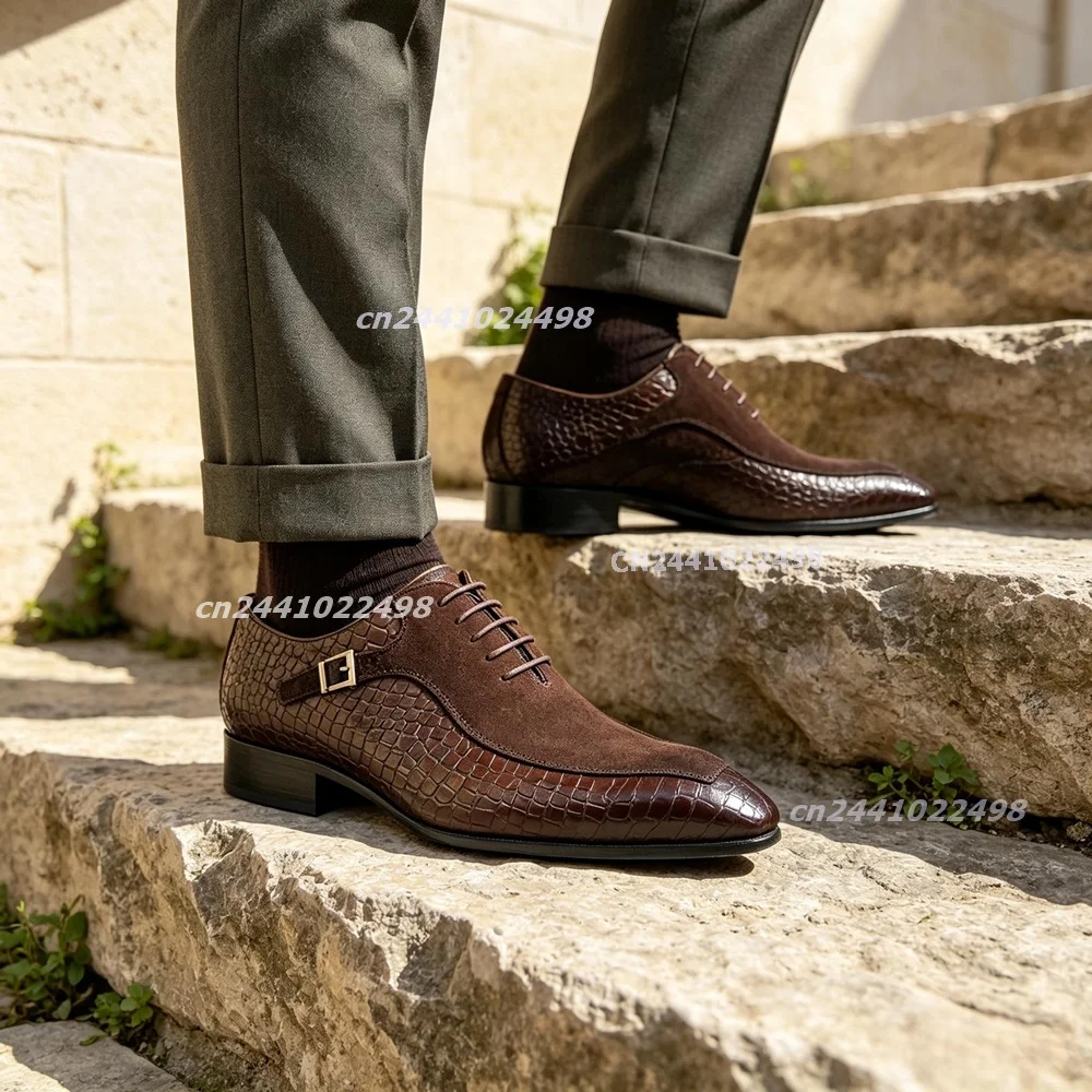 Men's Brown Black Suede Patent Leather Snake Skin Derby Shoes Metal Buckle Lace Up Low Heel Formal Dress Business Party Footwear