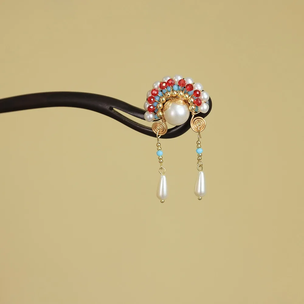 

Temperament Tassel New Chinese Style Hair Clip Red Flower Wooden Hair Stick Pearl Antique Beijing Opera Hair Accessories Bridal