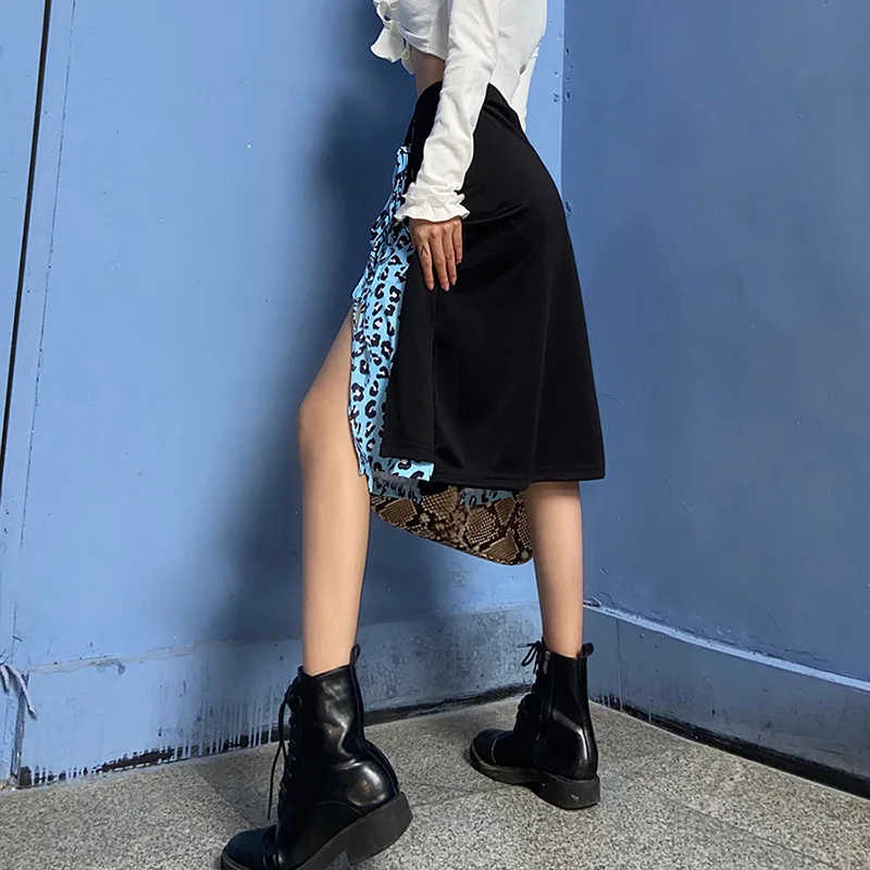 Sexy Print Patchwork Split gonne Bodycon donna dolce lunghezza al ginocchio coulisse A Line gonne coreano Fashion Party Club Streetwears