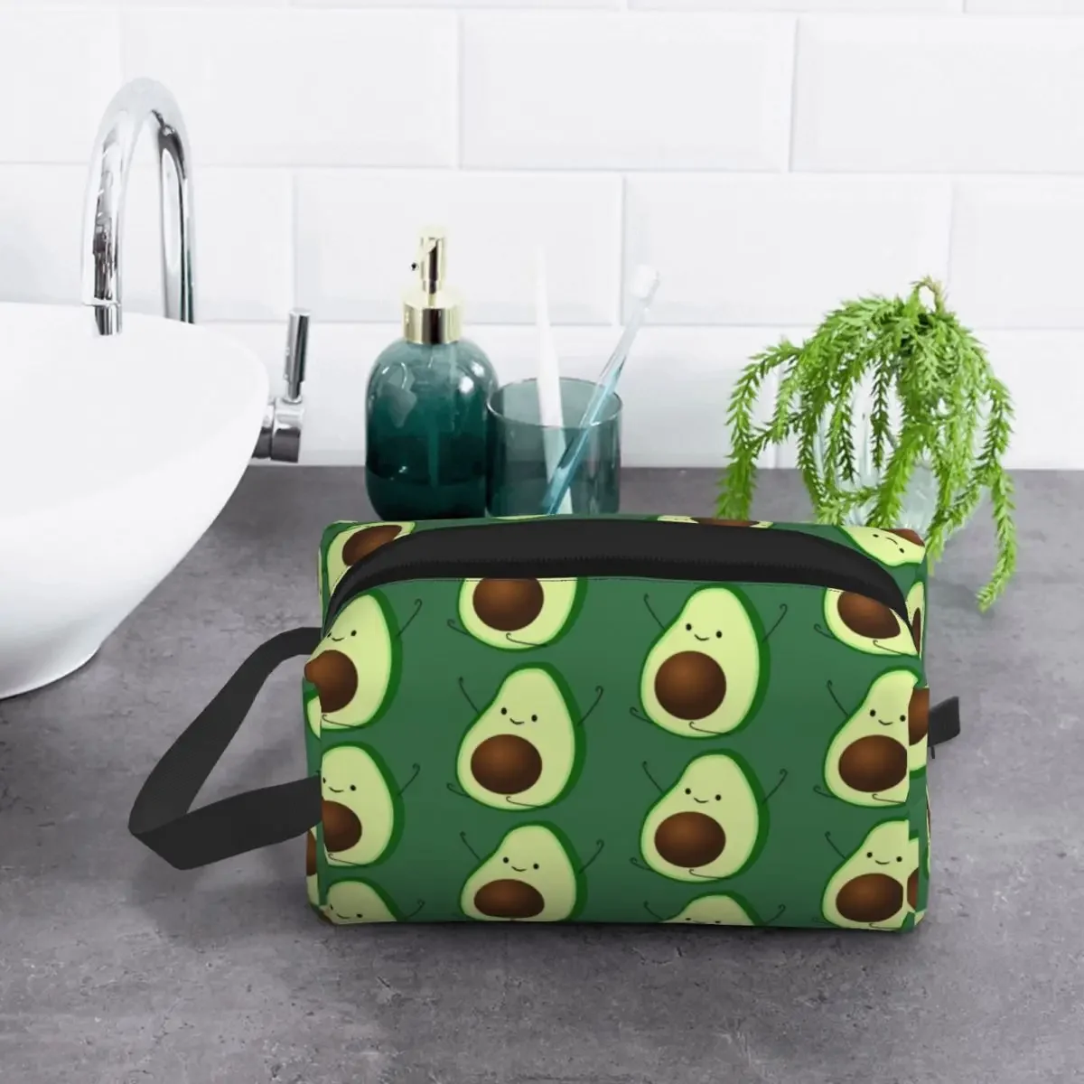 Avocado-Kosmetiktasche für Damen, Kawaii, große Kapazität, veganes Essen, Make-up-Etui, Beauty-Aufbewahrung, Kulturbeutel