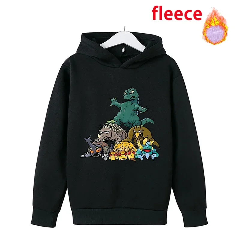 Godzilla Kong Childern Thicken Hoodie Sweatshirt Toddler Warm Movie Cartoon Long Sleeve Kids Boys Fleece Hooded Clothes Pullover