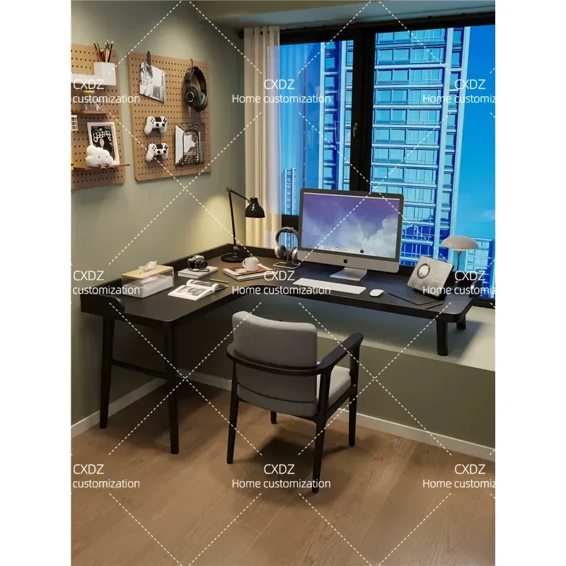 Black Solid Wood L Shaped Corner Computer Desk Bay Window Reading Table for Bedroom Home Office Study Furniture