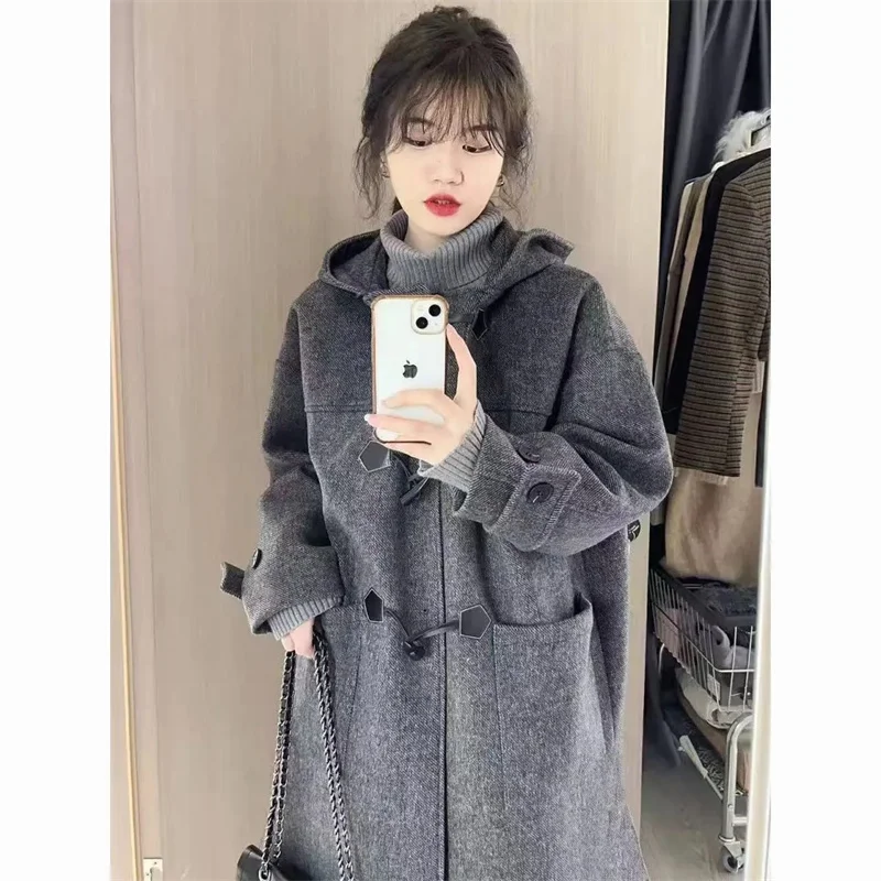 

Long Gray Cow Horn Button Woolen Coat Women Woolen Coat Autumn Winter Korean Style Small Stature High-End Feeling Hepburn Style