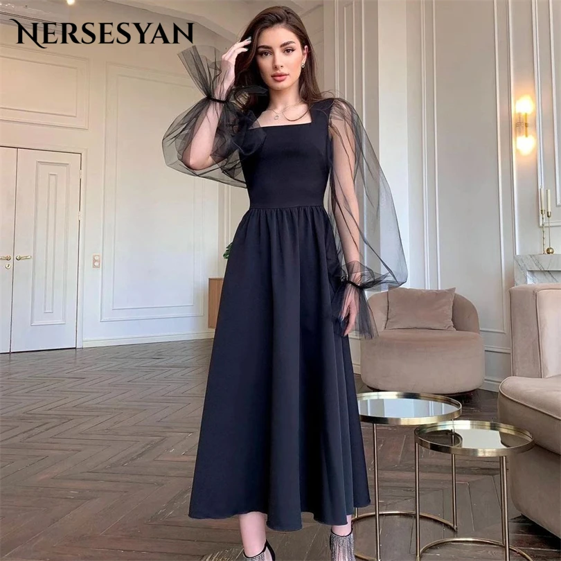 Nersesyan Modern Black Tulle Formal Prom Dresses A Line Draped Evening Gowns Puff Long Sleeves Pleated 2023 Vestidos De Fiesta