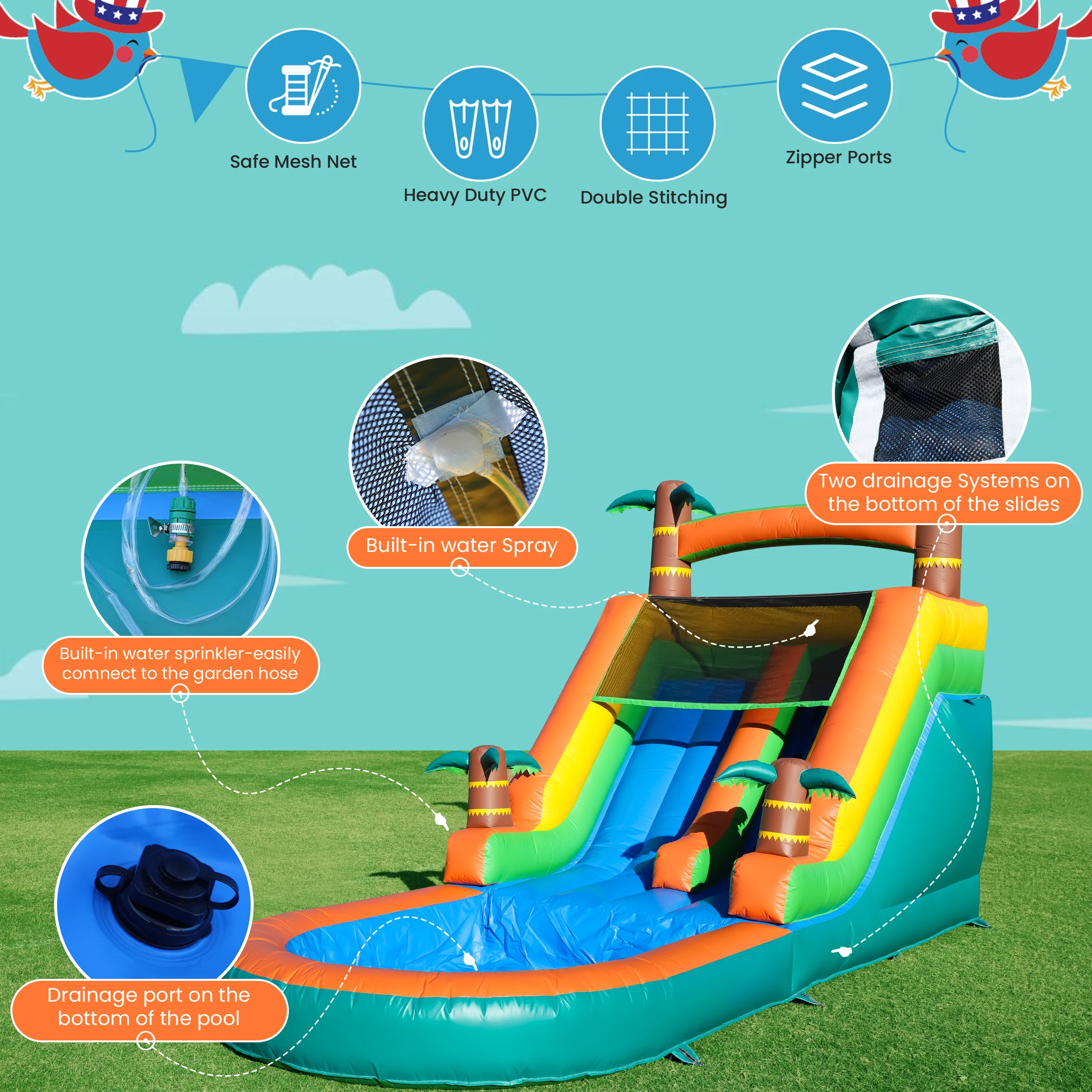21FT Kommerzielles aufblasbares Hüpfhaus Tropische Wasserrutsche Pool 750W Gebläse Kinderspielplatz, Kinderspielzeug