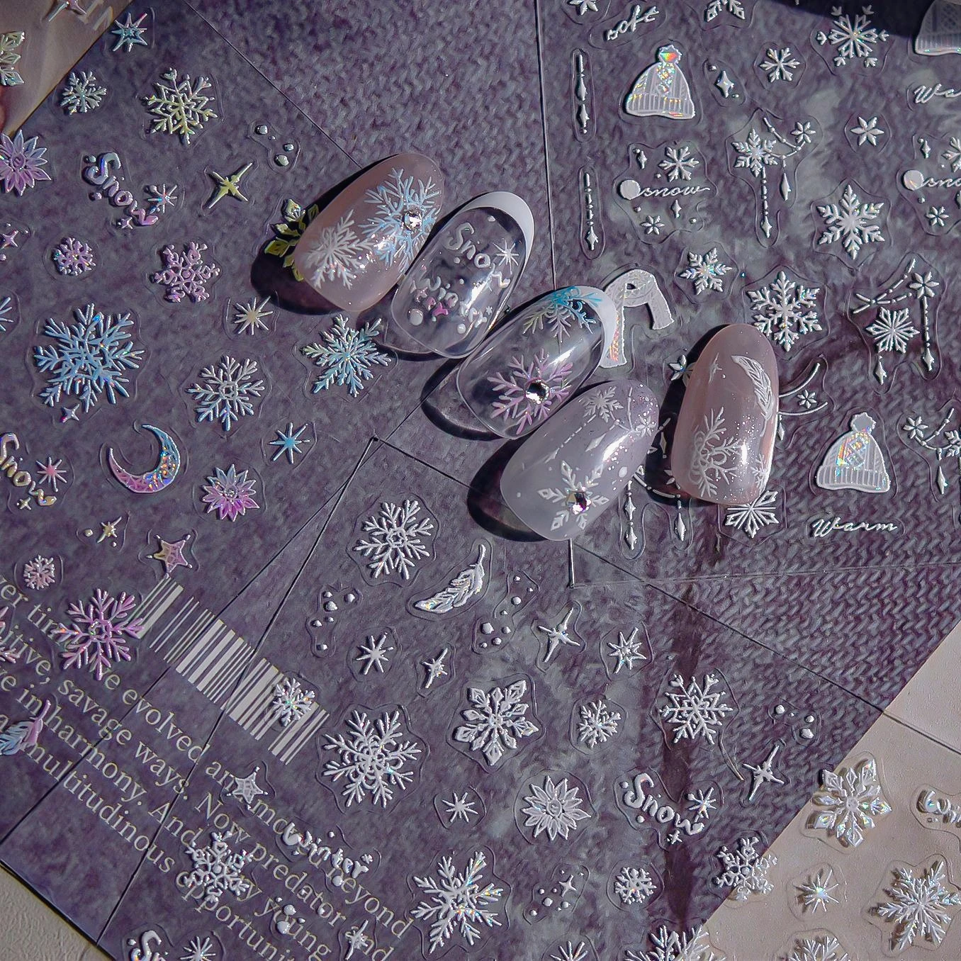 Rosa azul gradiente copo de nieve pluma romántico invierno Chic blanco nieve suéter gorra estrellas Luna uñas arte pegatinas calcomanías de manicura