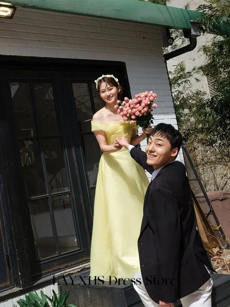 LAYXHS Elegant ชุดแต่งงานเกาหลีสีเหลืองปิดไหล่ Tulle A-Line ชุดเจ้าสาวที่กําหนดเองğün parti elbise