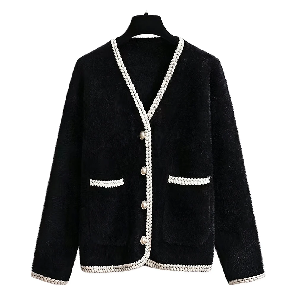 For V Neck Loose Knit Sweater Coat for Women Featuring Color Block Pattern Ideal for Leisure and Casual Settings