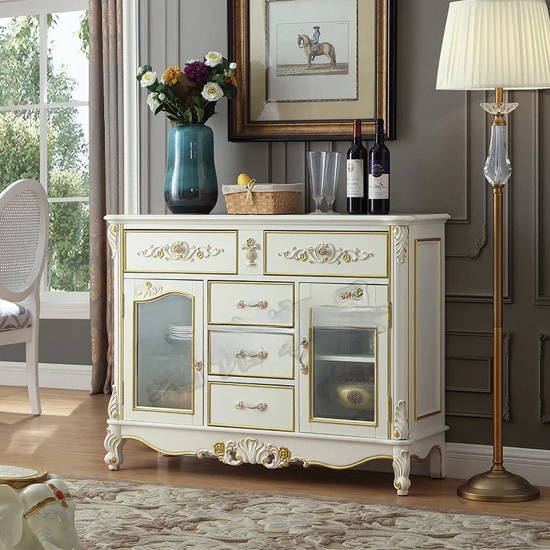 American style solid wood dining side cabinet white marble surface storage display cabinet wine tea cabinets glass furniture